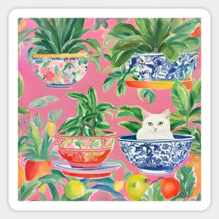 Kitty in a chinoiserie bowl on pink Sticker